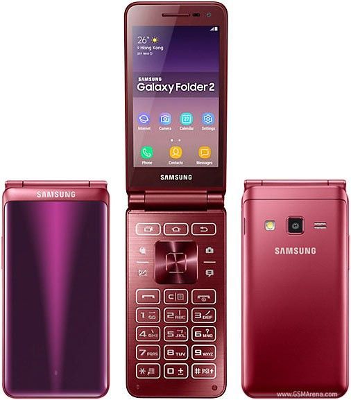 Samsung Galaxy Folder 2 Klapphandy in Rot, geöffnet und geschlossen, zeigt das Android-Betriebssystem und die Tasten.