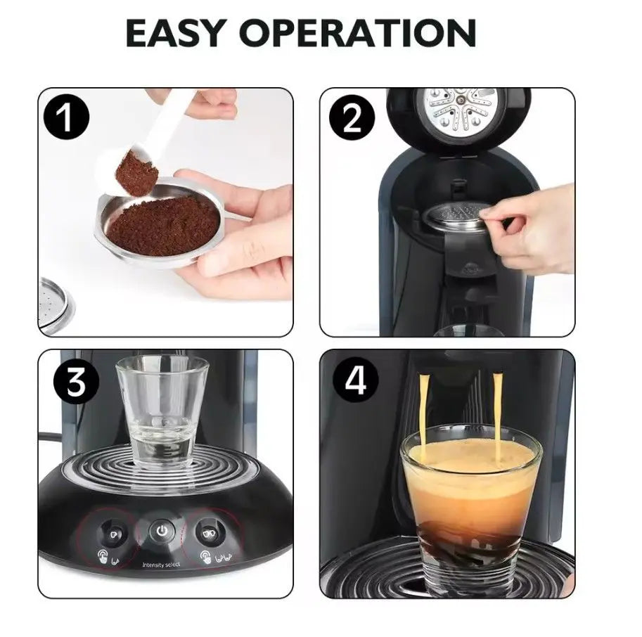 Einfache Bedienung mit wiederverwendbarer Edelstahl Kaffeekapsel für Philips Senseo, Schritte zur Kaffeezubereitung.