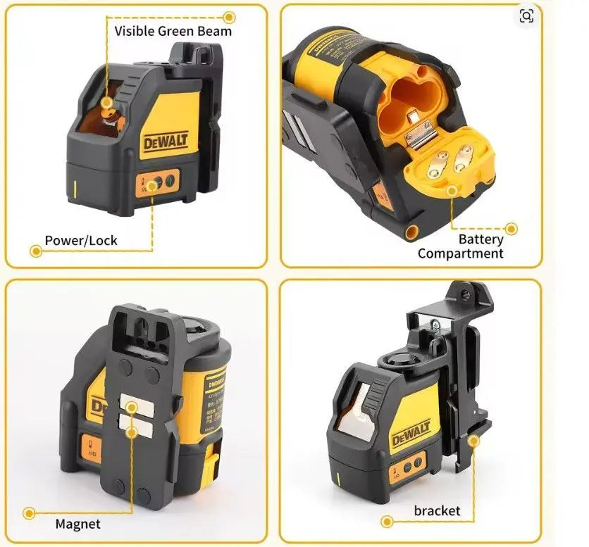 DEWALT DW088CG Kreuzlinienlaser mit sichtbarem grünem Strahl, Batteriefach, Magnet und Halterung