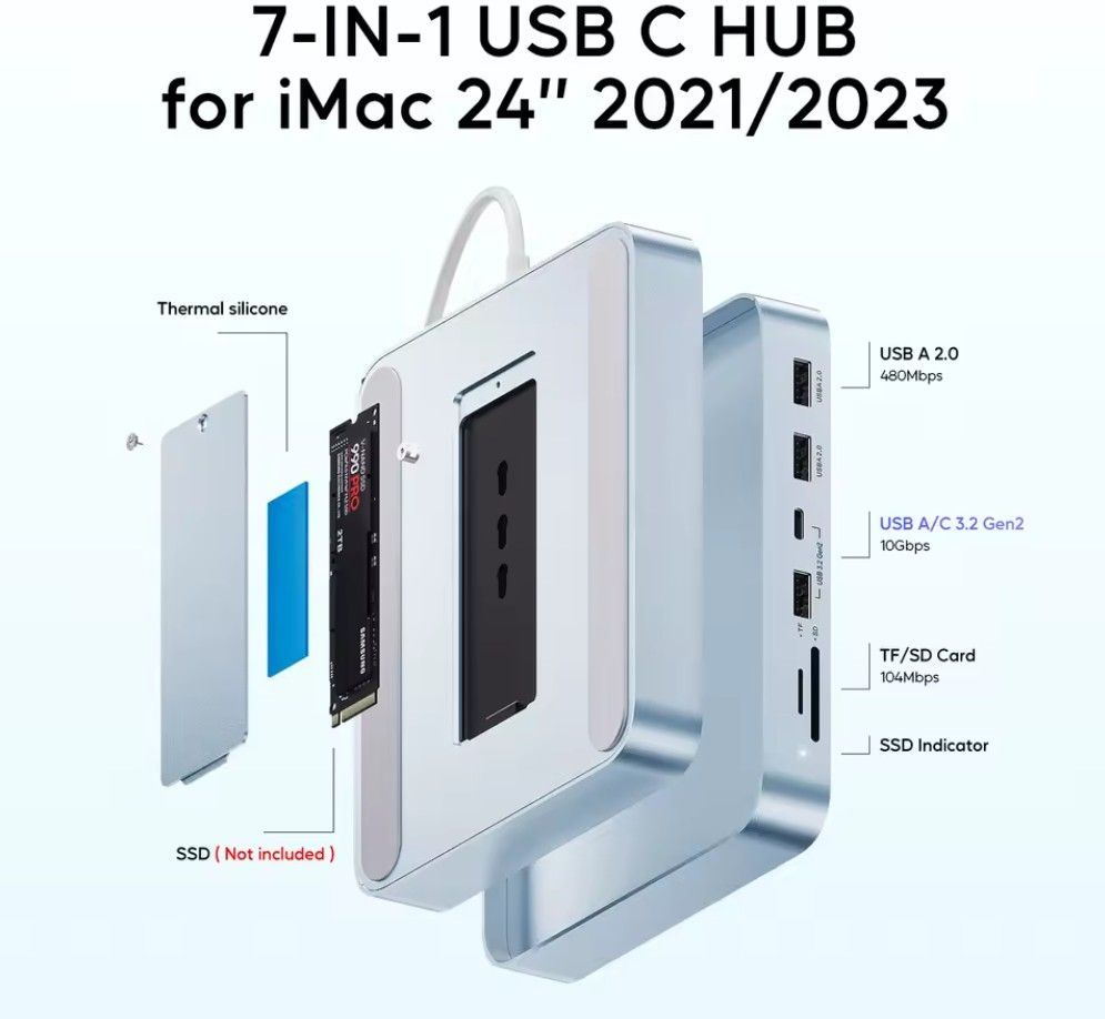 7-IN-1 USB C HUB für iMac 24 Zoll 2021/2023, mit USB A 2.0, USB C 3.2 Gen2, und TF/SD Kartenleser.