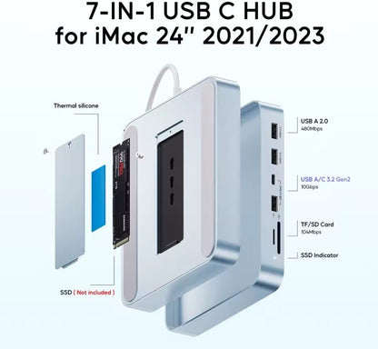 7-IN-1 USB C HUB für iMac 24 Zoll 2021/2023, mit USB A 2.0, USB C 3.2 Gen2, und TF/SD Kartenleser.