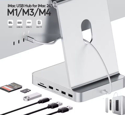 iMac Docking Station USB Hub 24 Zoll mit USB-Anschlüssen für M1/M3/M4, zeigt Anschlussmöglichkeiten und Zubehör.