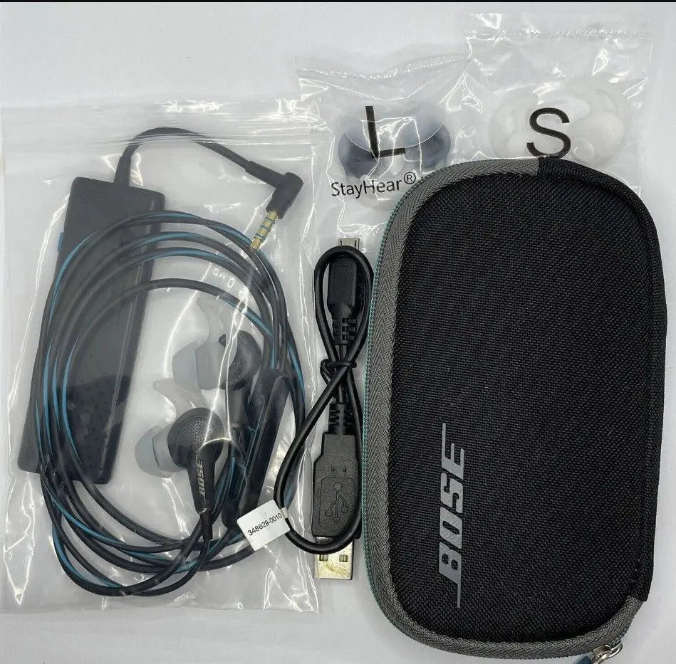 Bose QuietComfort 20 Kopfhörer Zubehör und Tragetasche, enthalten Kabel und StayHear Ohrpolster.