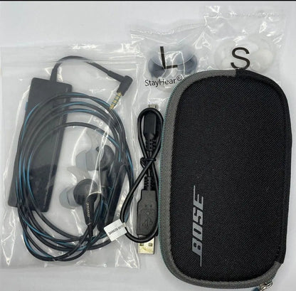 Bose QuietComfort 20 Kopfhörer Zubehör und Tragetasche, enthalten Kabel und StayHear Ohrpolster.