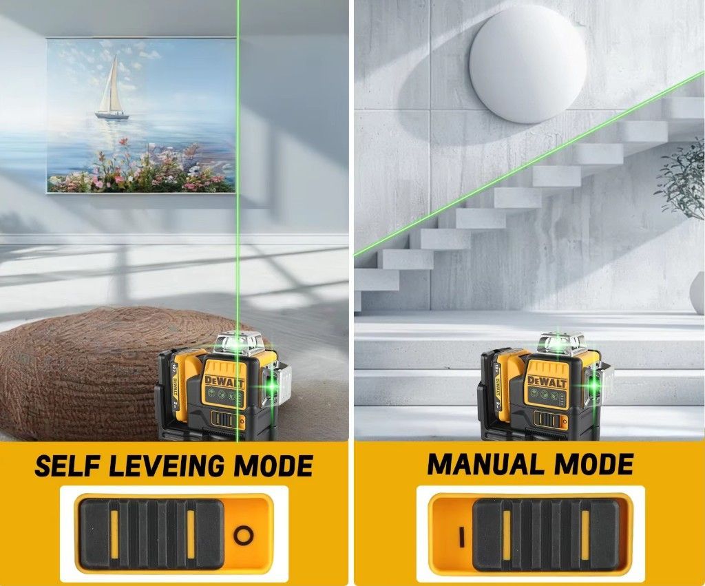 DEWALT DW089LG Grüner Kreuzlinienlaser im Selbstnivellierungs- und manuellen Modus, abgebildet in einem modernen Raum.