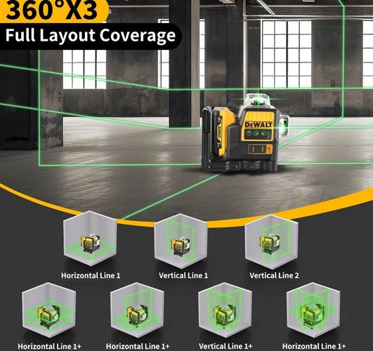 DEWALT DW089LG 12-Linien Grüner Kreuzlinienlaser mit 360° Abdeckung in einem Innenraum.