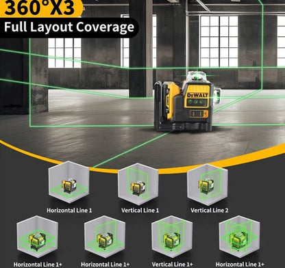 DEWALT DW089LG 12-Linien Grüner Kreuzlinienlaser mit 360° Abdeckung in einem Innenraum.