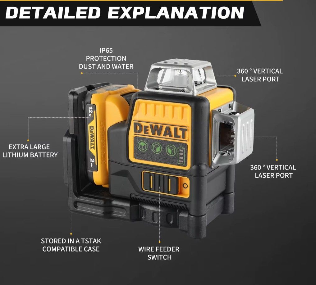 DEWALT DW089LG 12-Linien Grüner Kreuzlinienlaser mit IP65 Schutz, 360° vertikaler Laserport und großem Lithium-Akku.