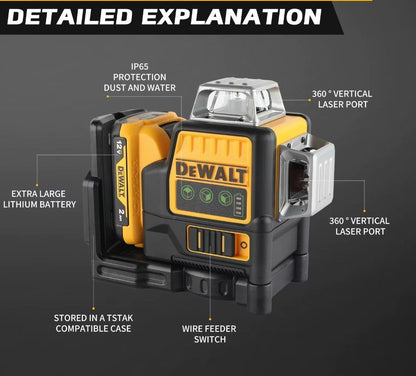 DEWALT DW089LG 12-Linien Grüner Kreuzlinienlaser mit IP65 Schutz, 360° vertikaler Laserport und großem Lithium-Akku.