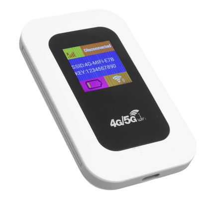 Tragbarer 4G WLAN Router mit Display, mobiler Hotspot 300 Mbit/s, 2100mAh Akku, weißes Design.