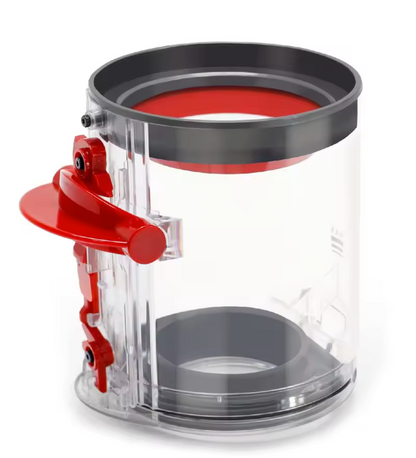Dyson Staubbehälter für V12 und V10 mit transparentem Design und rotem Hebel, Modell 965272-01.