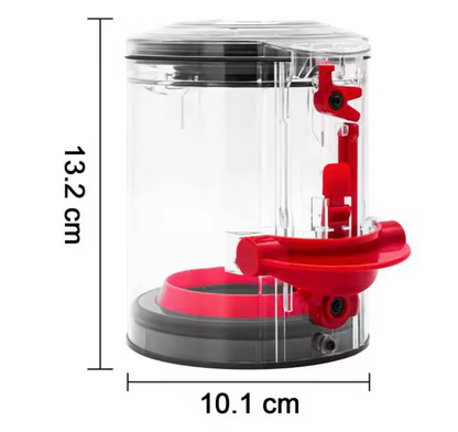 Dyson Staubbehälter für V12 und V10 Digital Slim mit roten Details und transparentem Design, Maße 13,2 cm x 10,1 cm.