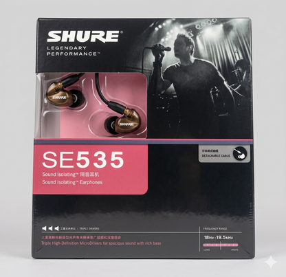 SHURE SE 535 Hi-Fi Kopfhörer in Verpackung, ideal für Musikliebhaber und professionelle Anwendungen.